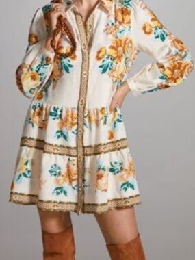 Anthropologie Cream Mini Dress with Mustard & Teal Floral Print